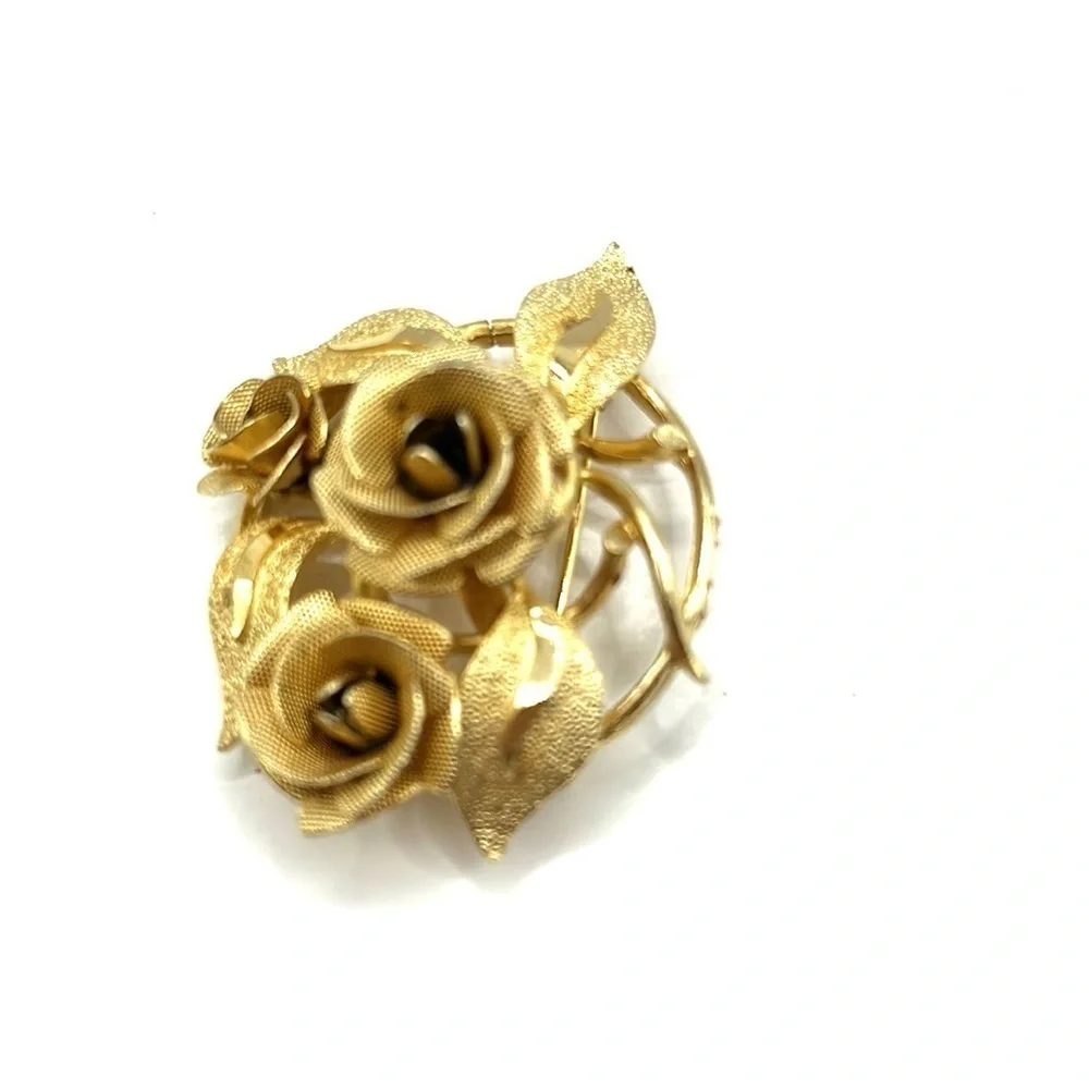 Vintage Brooches Roses Leaf Acorn Ribbon Pin Gold Tone Pins 3 VTG